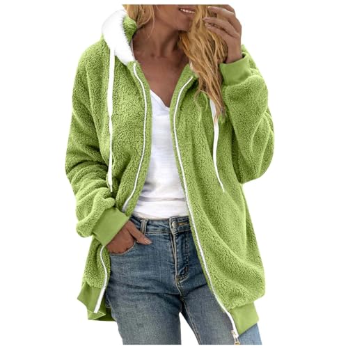 LUNULE Outlet Angebote, Sweatjacke Damen Batik Shirt Damen Gestreiftes Drucken Plüsch Hoodie Jacke Mit Reißverschluss Casual Langarm Trainingsjacke Damen Kapuzenpullover Damen(Fluorescent Green,4XL) von LUNULE