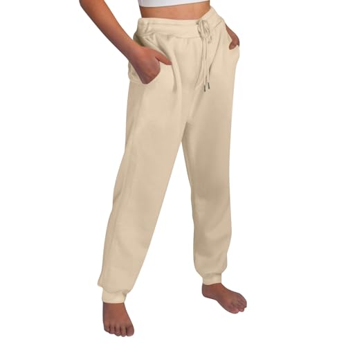 LUNULE Outlet Angebote, Trekkinghose Damen Joggpants Damen Einfarbig Sporthose Mit Kordelzug High Waist Basic Sweatpants Fitness Laufhosen Outdoor Schlaghose Damen Leggings High Waist Damen(Beige,XL) von LUNULE