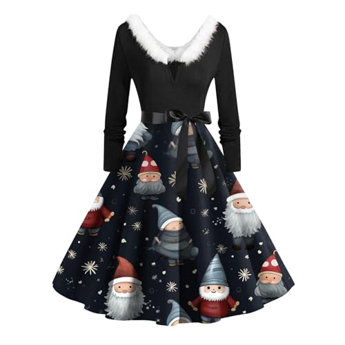 LUNULE Partykleid Damen, Blitzangebote des Tages 3D Druck Langarm Swing Midikleid Plüsch Patchwork V Ausschnitt Partykleid 50Er Jahre Rockabilly Pailletten Kleid Damen Silvester Kleid (Black,XL) von LUNULE