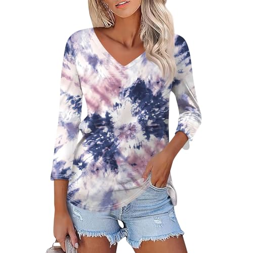 LUNULE Retourenkauf Angebote, Oversize Shirt Damen Damen Shirts Sommer Batik Druck V-Ausschnitt 3/4 Ärmel Tshirt Lässige Tunika Tee Shirt Oberteile Oversize Bluse Damen Sommerbluse(Lila,XXL) von LUNULE