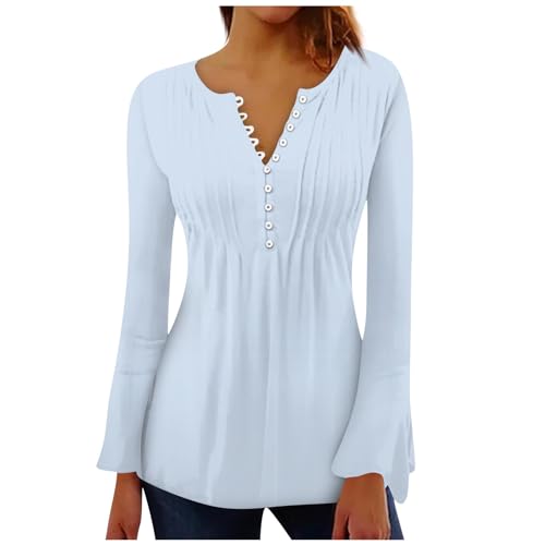 LUNULE Retourenkauf Angebote, T Shirt Damen Pullover Damen Sommer Einfarbig Button Down V-Ausschnitt Langarm Shirts Falten Oberteile Lässige Fleecepullover Damen Rippshirt Damen Langarm(Hellblau,M) von LUNULE