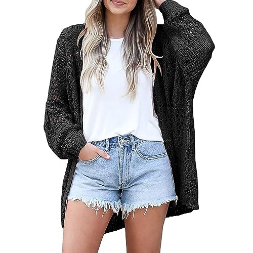 LUNULE Sale Angebote, Strickmantel Damen Dünne Jacke Damen Aushöhlen Langarm Grobstrick Jacke Leichte Weiche Open Front Sweater Outwear Longtops Damen Lang Sommer Cardigan Damen(Schwarz,XXL) von LUNULE