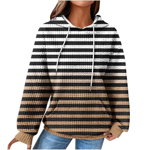 LUNULE Sale Damenbekleidung, Oversize Hoodie Damen Hoody Damen Waffel Langarm Pullover Mit Kapuze Elegant Gestreiftes Sweatshirt Outdoor Streetwear Damen Kapuzenjacke Damen(Schwarz,XXL) von LUNULE