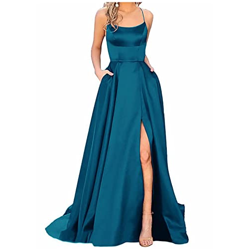 LUNULE Sommerkleider Damen Knielang, Viskose Kleid Damen Sommer Kleider Hochzeitsgast Damen Einfarbig Satin Ballkleid Hohem Schlitz Spaghettiträger Kleid Viskose Kleid Hängerkleid Damen(Blue,XS) von LUNULE