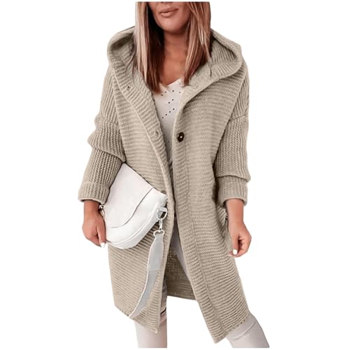 LUNULE Strickjacke Damen Lang Herbstjacke Damen Strickjacke Lang Hoody Damen Mit Kapuze Einfarbig Langarm Grobstrick Hoodie Jacke Mit Kapuze Herbst Winter Lang Strick Cardigan Ubergangsjackendamen von LUNULE