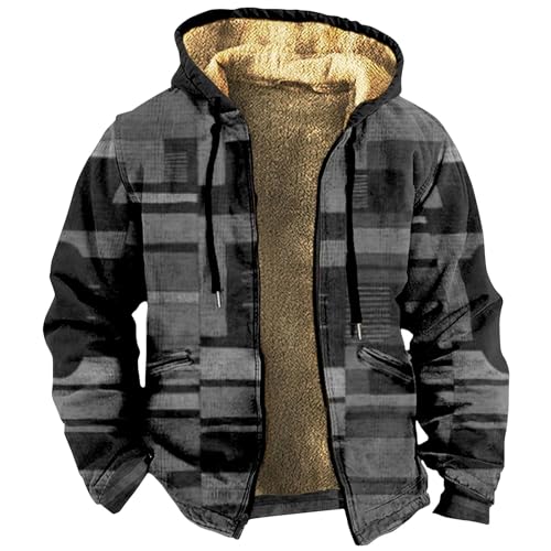 LUNULE Strickjacken Für Herren Arbeitspullover Herren Vintage Druck Dicke Teddy Fleece Gefüttert Langarm Hoodie Jacke Warm Kapuzenjacke Herrenjacke Herbst(Gray,3XL) von LUNULE