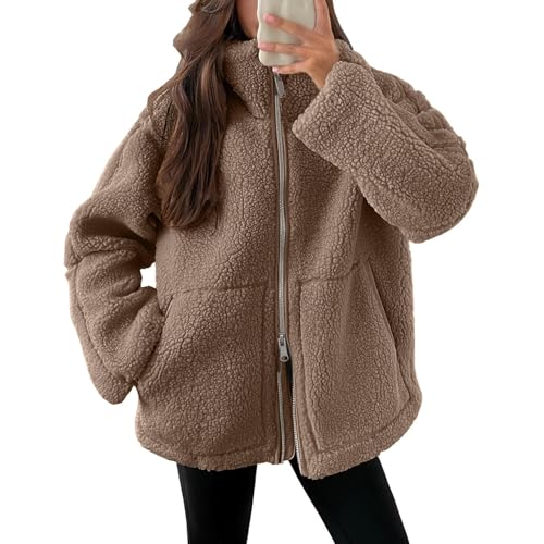 LUNULE Teddyjacke Damen Einfarbig Plüsch Jacke Doppelschieber Reißverschluss Winterjacke Flanell Jacke Damen Teddy Fleece Jacke Damen Fleecemantel Damen(Camel,XL) von LUNULE