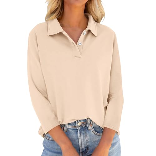 LUNULE Oberteile Damen Sommer Tshirt Damen Schwarz Einfarbig Button Down Revers 3/4 Ärmel Poloshirts Atmungsaktiv Golf Tennis Polohemd Oversize Bluse Damen Oversize Shirt(Beige,XL) von LUNULE