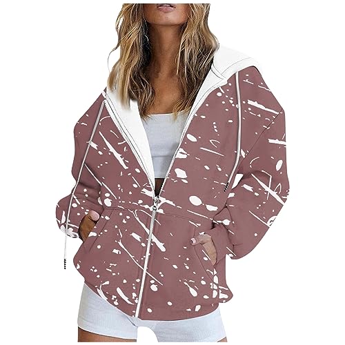 LUNULE Warehouse Deal, Sweatjacke Damen Mit Kapuze Bomberjacke Damen Drucken Full Zip Hoodie Jacke Mit Taschen Sport Style Kapuzenjacke Loose Langarm Pullover Sweatjacke Damen Sommer (Rosa,M) von LUNULE