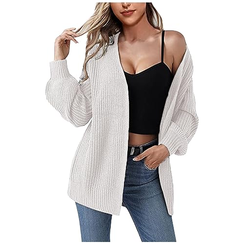 LUNULE Warehouse Deals Angebote, Cardigan Damen Lange Strickjacke Damen Laternenärmel Grobstrick Jacke Frauen Langarm Open Front Sweater Outwear Longpullover Für Damen Bolero Damen Festlich(Weiß,L) von LUNULE