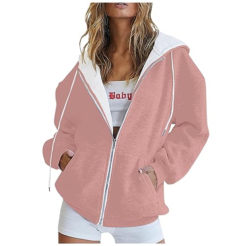 LUNULE Warehouse Deals Angebote, Kapuzenpullover Damen Laufjacke Damen Einfarbig Langarm Hoodie Jacke Mit Taschen Full Zip Pullover Oberteile Casual Sweatjacke Damen Mit Kapuze Damen Blouson(Pink,L) von LUNULE