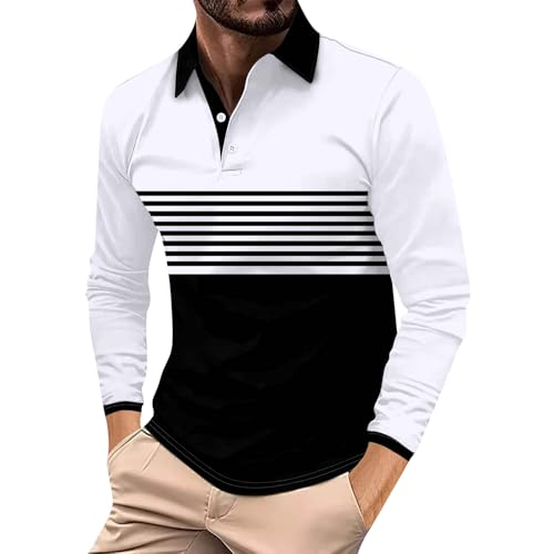 LUNULE Warehouse Deals Angebote, Oversized Tshirt Herren Poloshirt Herren Gestreiftes Patchwork Knopfleiste T-Shirts Regular Fit Golf Tennis Shirts Kleidung Herren Pullover Schwarz Herren(White,3XL) von LUNULE