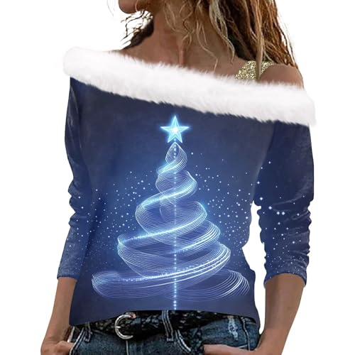 LUNULE Weihnachtspulli Damen 3D Druck Weihnachten Pullover Casual Plüsch Schulterfrei Langarm Pulli Mit Schulterriemen Langarmshirts Für Damen Pullover Weihnachten(Wine,L) von LUNULE