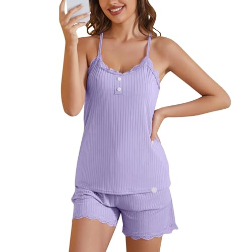 LUNULE Warehouse Deals Angebote B Ware, Hosenanzüge Für Damen Hosenanzug Damen Elegant Pyjama Set Kurz Ärmellos Nachtwäsche Mit Spaghettiträger Sexy Sleepwear Schlafanzug Damen Baumwolle (Lila,XXL) von LUNULE