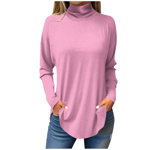 LUNULE Warehouse Deals Angebote B Ware, Shirt Damen Langarm T Shirts Damen Sommer Einfarbig Rollkragen Langarm Pullover Top Oversize Shirt Casual Basic Oberteile Weißes Tshirt Damen (Rosa,M) von LUNULE