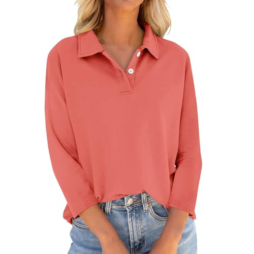 LUNULE Warehouse Deals Angebote Rückläufer, Blusen & Tuniken Für Damen Bluse Damen Sommer Einfarbig Button Down Revers 3/4 Ärmel Poloshirts Atmungsaktiv Golf Tennis Polohemd Shirt Weiß (Orange,3XL) von LUNULE