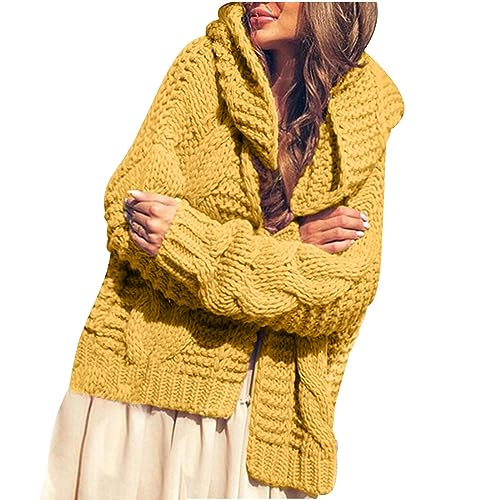 LUNULE Warehouse Deals Angebote Rückläufer, Cardigan Damen Leichte Sommer Strickjacke Einfarbig Langarm Grobstrick Jacke Mit Kapuze Casual Warm Open Front Sweater Outwear Jacke Sommer (Yellow,XL) von LUNULE