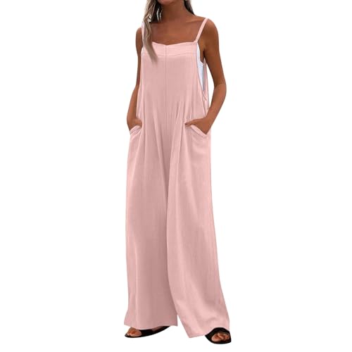 LUNULE Warehouse Deals Angebote Rückläufer, Jumpsuit Damen Kuschelig Sportanzug Damen Einfarbig Ärmellos Rompers Casual Loose Lang Playsuit Verstellbar Strampler Weites Bein Latzhose (Rosa,S) von LUNULE