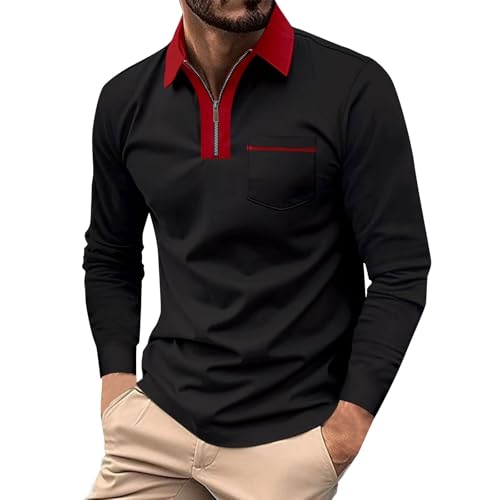 LUNULE Warehouse Deals Angebote Rückläufer, Oversized Tshirt Herren Running Shirt Herren Farbblock Revers Polohemd Mit Reißverschluss Casual Golf Tennis Sportshirt Fitness T Shirt Herren (Wein,L) von LUNULE