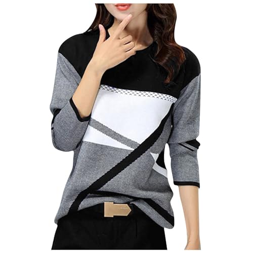 LUNULE Warehouse Deals Angebote Rückläufer, Pullover Damen Winter Ugly Christmas Sweater Damen Farbblock Rundhals Langarm Pulli Ohne Kapuze Basic Oberteile Casual Bequem Langarmshirt (Black,M) von LUNULE