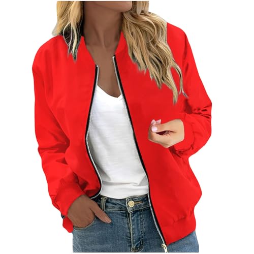 LUNULE Weiße Blusen Günstig, Bomberjacke Damen Jacken Damen Backprint Langarm Coat Jacke Mit Reißverschluss Leichte Blouson College Jacke Dünne Pilotenjacke Damen Hybrid Jacke Damen(Rot,L) von LUNULE