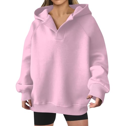 LUNULE Weiße Blusen Günstig, Hoodies Für Damen Sweatjacke Damen Einfarbig V-Ausschnitt Langarm Pullover Mit Kapuze Basic Kapuzenpullover Übergangs Tops Teenager Mädchen Kurzarmpullover Damen(Rosa,L) von LUNULE