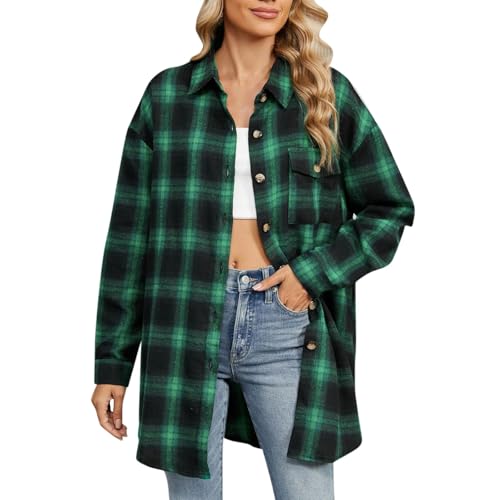 LUNULE Weiße Blusen Günstig, Jacke Damen Sommer Blouson Damen Kariert Drucken Revers Langarm Hemdjacke Mit Knöpfen Casual Leichte Coat Jacke Pilotenjacke Damen Schwarz Kurze Blouson Jacke(Grün,XXL) von LUNULE