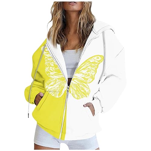 LUNULE Weiße Blusen Günstig, Sommerjacke Damen Hoodie Damen Reißverschluss Schmetterling Drucken Langarm Zipper Kapuzenjacke Mit Taschen Sport Style Hoodie Zipper Hoodie Damen Jacke (Gelb,XXL) von LUNULE