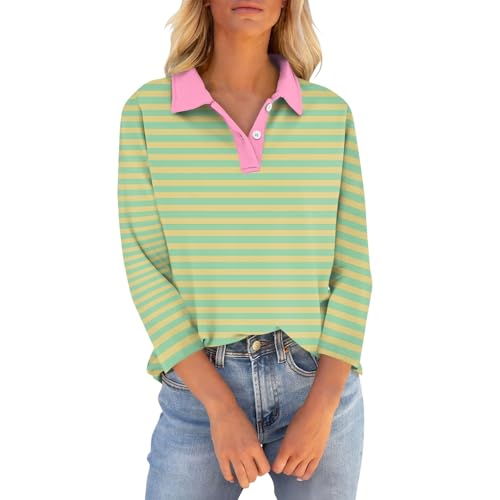 LUNULE Weiße Blusen Günstig, Tshirt Damen Sommer Tops Für Damen Gestreiftes Bedruckte Button Down Revers 3/4 Ärmel Poloshirt Atmungsaktiv Golf Tennis Oversized Tshirt Damen Damen T-Shirt(Grün,L) von LUNULE