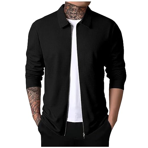 LUNULE Winter Jacke Herren Regenjacken & -Mäntel Für Herren Fleece Herren Leichte Dünne Waffel Einfarbig Revers Sweatjacke Mit Reißverschluss Casual Slim Fit Teddy Mantel (Schwarz, M) von LUNULE