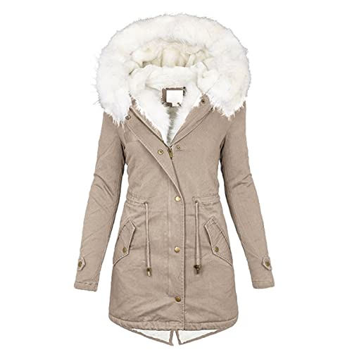 LUNULE Winterjacke Damen Elegant Dicken Parka Mantel Fleece gefüttert mit Kapuze/Revers Warmer mittellanger Winter Jacke Teddyfell Winterjacke Female Gefüttert Plüschmantel Winterparka Fleecejacke von LUNULE