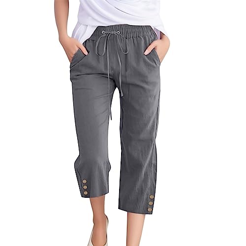 Leinenhose Damen, Italienische Mode Damen Sommerhosen Leicht 3/4 Hose Jogginghose Sommer Loose Bequeme Weitem Bein Sweathose Cordhose Damen Angebote Jogginganzug Damen(Gray,XL) von LUNULE