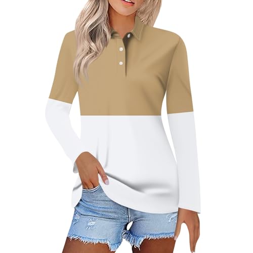 Meine Bestellung, Damen Tshirt Tshirt Damen Schwarz Farbblock Button Down Revers Langarm Polo Shirts Locker Casual Golf Tennis Polohemd Pullover Damen Frühling Longshirt Damen Große Größen(Khaki,XXL) von LUNULE