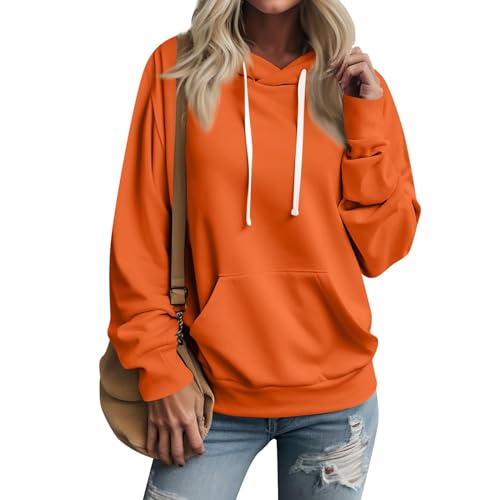 Meine Bestellung, Hoodie Damen Oversize Damen Hoodie Einfarbig Langarm Kapuzenpullover Mit Taschen Leicht Pullover Mit Kapuze Hoodie Jacke Damen Sommer Oberteile Damen(Orange,3XL) von LUNULE