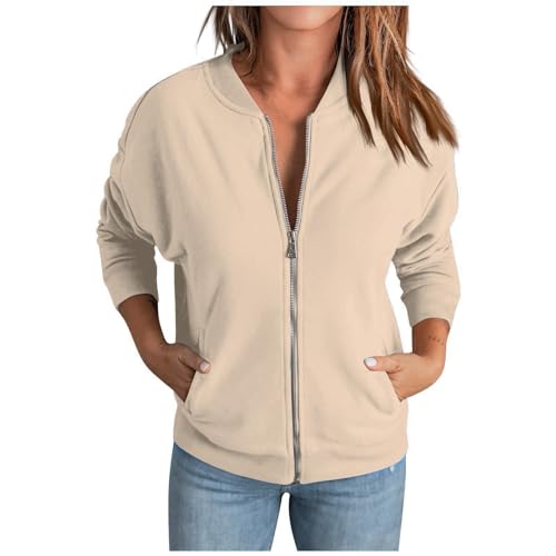 Meine Bestellung, Leichte Sommerjacke Damen Sweatshirt Jacke Damen Einfarbig Langarm Coat Jacke Mit Reißverschluss Outdoor Sport Jacket Sweatjacke Sommer Blouson Damen Leicht (Beige,S) von LUNULE