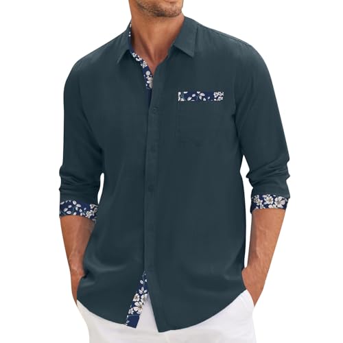 Meine Bestellung, Leichtes Sommerhemd Hemd Leinen Herren Blumendruck Patchwork Button Down Hemden Mit Tasche Casual Leicht Beach Shirt Hawaii Outfit Herren Herren Hemd(Turquoise,XXL) von LUNULE