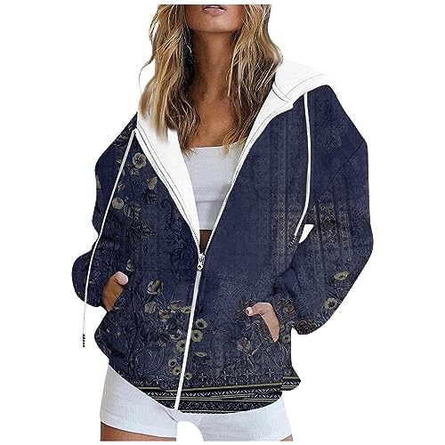 Meine Bestellung, Sommerjacke Damen Leicht Jacke Damen Blumenmuster Langarm Hoodie Jacke Kapuzenpullover Mit Reißverschluss Casual Basic Damen Sweatshirt Damen Blouson(Marine,L) von LUNULE