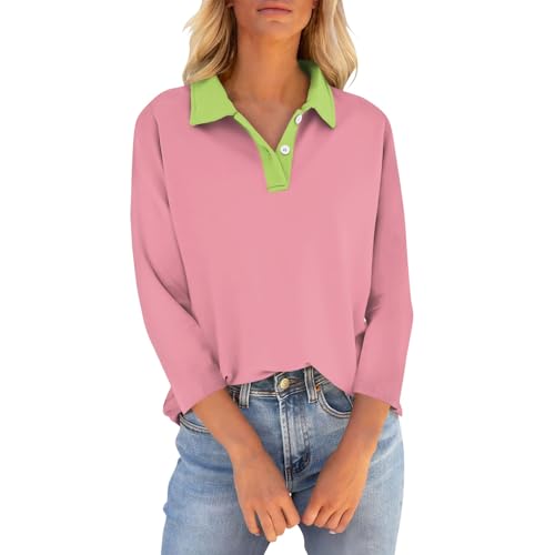 Meine Bestellung, Tshirt Damen Sommer Sommer Oberteile Damen Gestreiftes Bedruckte Button Down Revers 3/4 Ärmel Poloshirt Atmungsaktiv Golf Tennis Tunika Damen Große Größen Oversize Tshirt(Rosa,Xl) von LUNULE