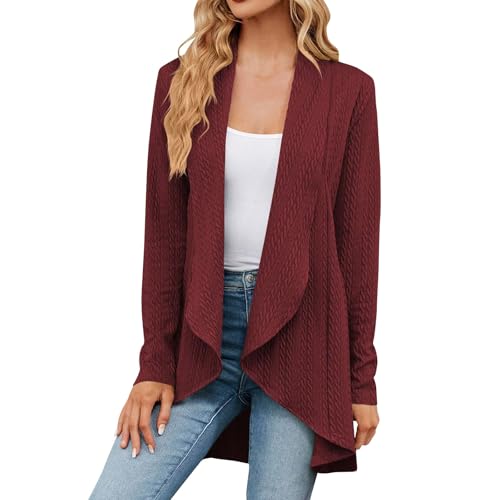 Meine Bestellung Anzeigen, Cardigan Damen Strickjacken Für Damen Sommer Einfarbig Zopfmuster Wasserfall Cardigan Frauen Langarm Open Front Outwear Damenstrickjacke Jacke Damen Sommer Leicht(Wein,Xl) von LUNULE