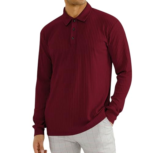 Meine Bestellung Anzeigen, Poloshirts Für Herren T Shirts Herren Einfarbig Cordhemd Gestreiftes Polohemd Knopfleiste Regular Fit Golf Tennis Langarm Tshirt Herren Shirt Mit Gummizug Am Saum(Wein,Xxl) von LUNULE