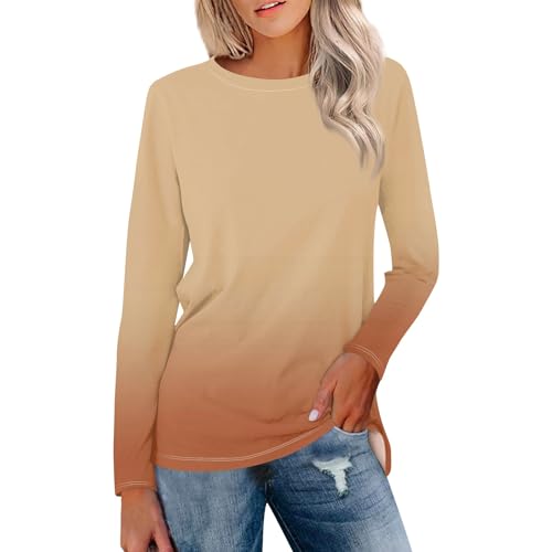 Meine Bestellung Anzeigen, Pullover Damen T Shirt Damen V Ausschnitt Gradient Drucken Rundhals Langarm Pullover T-Shirts Oversize Shirt Leicht Tshirt Damen Weiss Damenbluse Langarm Sommer(Camel,5XL) von LUNULE