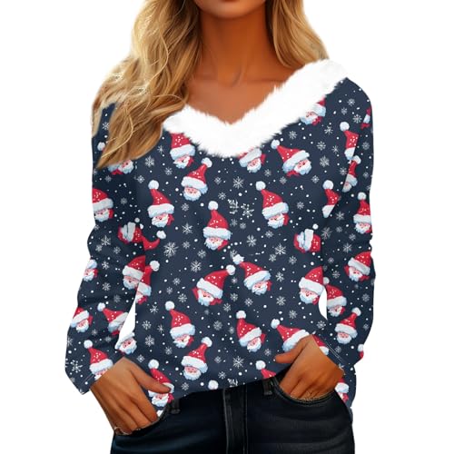 Meine Bestellung Anzeigen, Ugly Christmas Sweater Damen Fleecepullover Damen Plüsch V Ausschnitt Langarm Shirts Lustige Druck Weihnachten Pullover Weihnachtsmotiv Weihnachtspullover (Dark Blue,L) von LUNULE