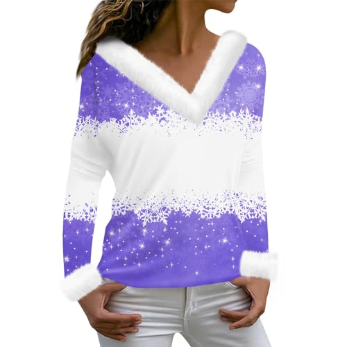 Meine Bestellung Anzeigen, Weihnachtsshirt Damen Fleecepullover Damen Plüsch V-Ausschnitt Weihnachtsshirt Elegant Weihnachten Druck Tshirt Christmas Oberteile Tshirt Weihnachten (Light Purple,XXL) von LUNULE