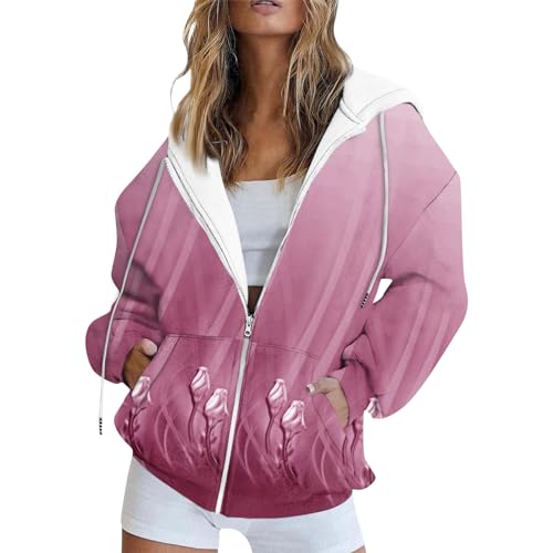 Meine Bestellungen, Jacke Damen Sommer Laufjacke Damen Blumendruck Langarm Sweatjacke Leicht Kapuzenjacke Mit Reißverschluss Casual Basic Sweatjacke Damen Schwarz Damen Sweatjacke(Hot Pink,XXL) von LUNULE