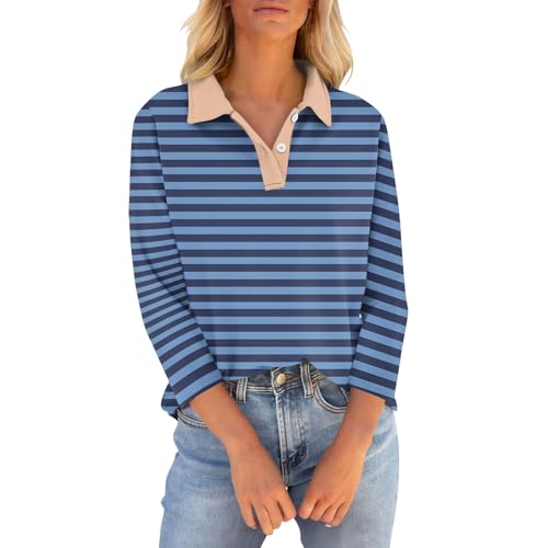 Meine Bestellungen, Musselin Bluse Damen Weisses T Shirt Damen Gestreiftes Bedruckte Button Down Revers 3/4 Ärmel Poloshirt Atmungsaktiv Golf Tennis T-Shirt Damen Oversize Frauen T Shirt(Blau,L) von LUNULE