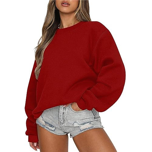 Meine Bestellungen, Pullover Damen Winter Sweatshirts Für Damen Einfarbig Rundhals Langarm Pulli Ohne Kapuze Oversized Oberteile Tops Locker Casual Basic Bluse Sweatshirt Damen (Red,S) von LUNULE