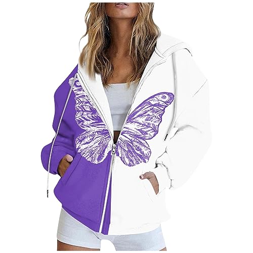 Meine Bestellungen, Sommerjacke Damen Leicht Damen Jacke Sommer Schmetterling Drucken Langarm Zipper Kapuzenjacke Mit Taschen Sport Style Hoodie Sweatjacke Damen Sommer Strickjacken (Lila,L) von LUNULE