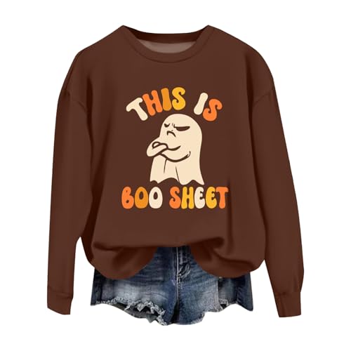 Meine Bestellungen Anzeigen, Damen Pullover Elegant Halloween Sweater Geister Bedruckte Sweatshirt Ohne Kapuze Langarm Rundhals Pulli Tops Leicht Fleecepullover Damen Langarmshirt (Light Brown,L) von LUNULE