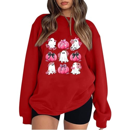 Meine Bestellungen Anzeigen, Oversize Pullover Damen Halloween Kostüm Damen Kürbis Und Geister Muster Pullover Ohne Kapuze Rundhals Langarm Pulli Tops Fleecepullover Damen Christmas Pullover(Red,M) von LUNULE