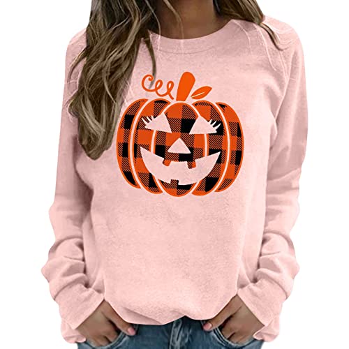 Meine Bestellungen Anzeigen, Pullover Damen Elegant Kostüm Halloween Damen Kürbis Muster Rundhals Langarm Sweatshirt Loose Pulli Ohne Kapuze Leicht Blusen Damen Sport Shirt Damen Fitness(Pink,XXL) von LUNULE